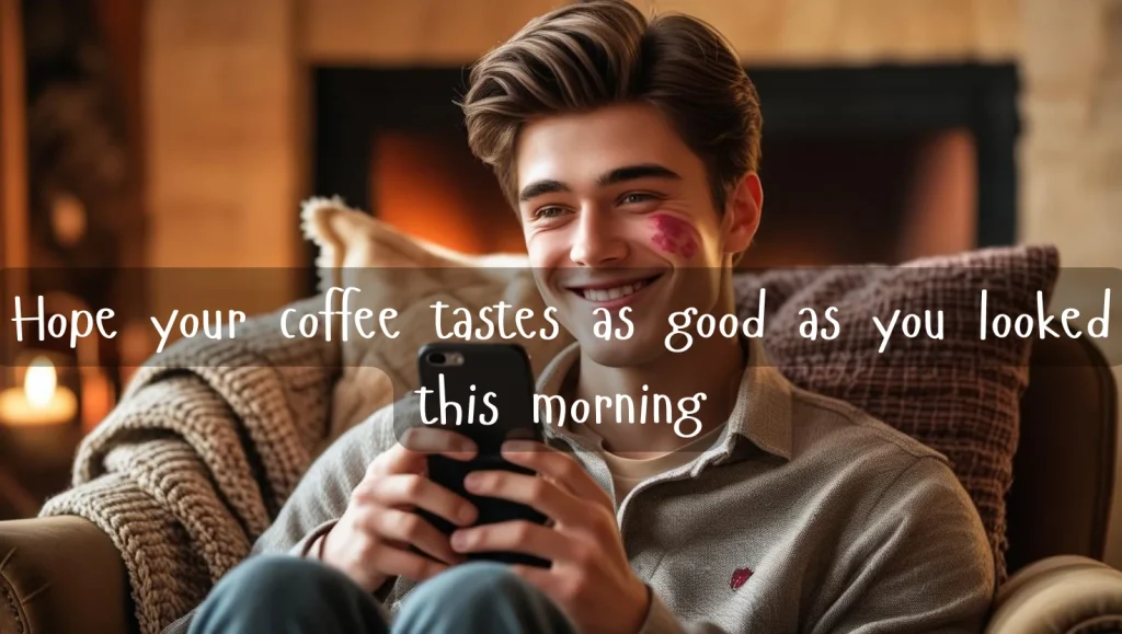 Man reading flirty message at work and smiling