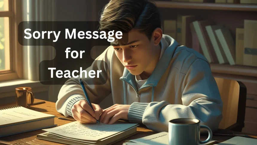 Student writing sorry message for teacher apology letter at school desk