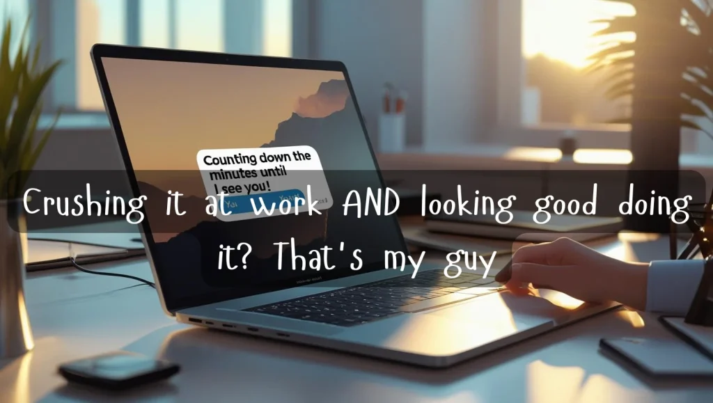 Flirty text message on work desk beside laptop