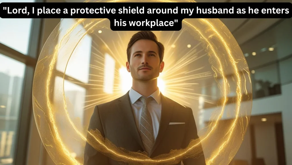 Businessman surrounded by protective shield of light representing prayers for workplace safety and spiritual protection