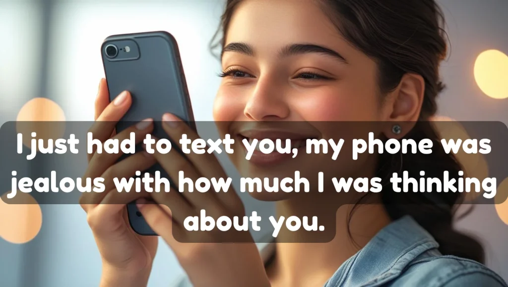 Girl blushing and smiling while reading romantic flirty text